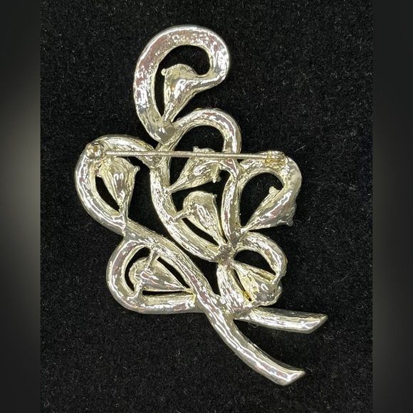 Vintage Silver Tone Clear Baguette Rhinestone Large Leaf Brooch Pin 3” - Picture 4 of 4